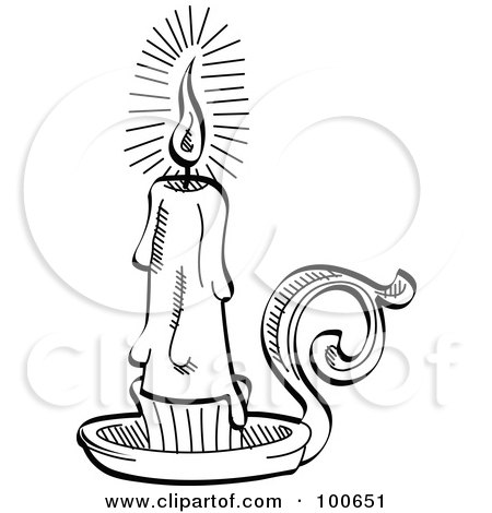 Royalty-Free (RF) Clipart Illustration of a Black And White Coloring Page Outline Of A Lit Candle On A Holder by Andy Nortnik