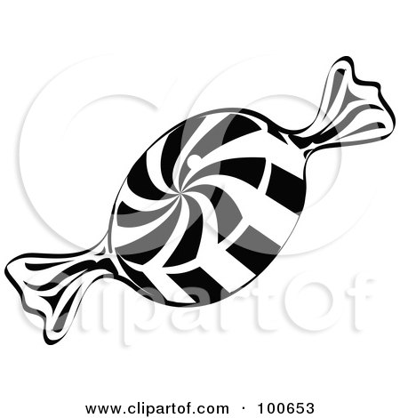 Royalty-Free (RF) Clipart Illustration of a Black And White Piece Of Swirl Peppermint Candy In A Wrapper by Andy Nortnik