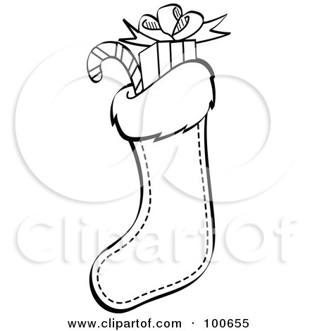 Royalty-Free (RF) Clipart Illustration of a Coloring Page Outline Of A Christmas Stocking Stuffed With Gifts And Candy by Andy Nortnik