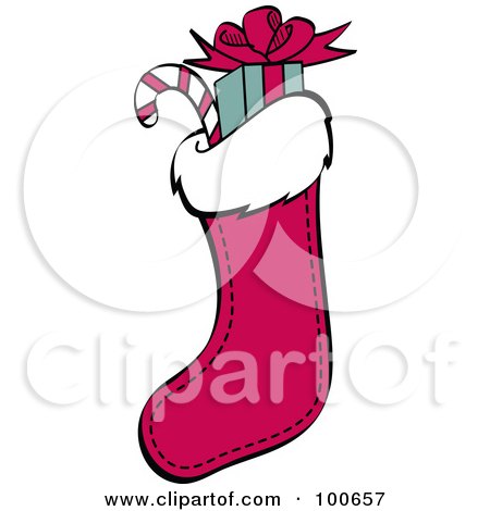 Royalty-Free (RF) Clipart Illustration of a Red Christmas Stocking Stuffed With Gifts And Candy by Andy Nortnik