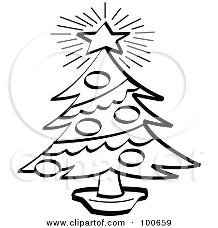 Royalty-Free (RF) Clipart Illustration of a Coloring Page Outline Of A Bright Star Atop A Trimmed Christmas Tree by Andy Nortnik
