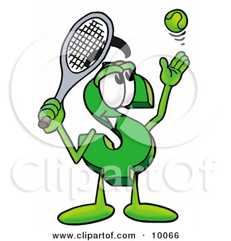 Clipart Picture of a Dollar Sign Mascot Cartoon Character Preparing to Hit a Tennis Ball by Mascot Junction