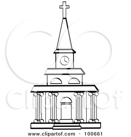 Royalty-Free (RF) Clipart Illustration of a Coloring Page Outline Of A Church Facade With A Clock Tower And Columns by Andy Nortnik