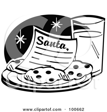 Royalty-Free (RF) Clipart Illustration of a Black And White Santa Letter On A Plate Of Cookies Served With Milk by Andy Nortnik