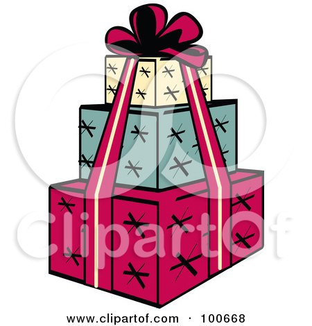 Royalty-Free (RF) Clipart Illustration of a Tower Of Three Wrapped Presents And A Red Ribbon And Bow by Andy Nortnik