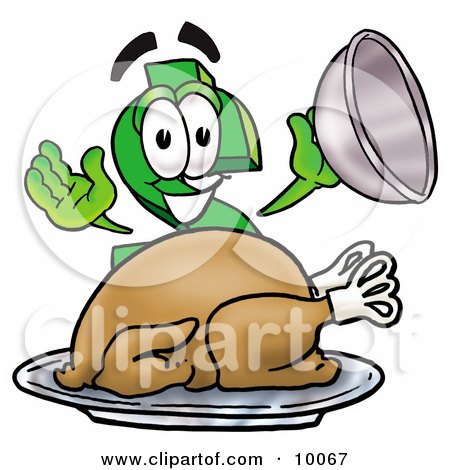 Clipart Picture of a Dollar Sign Mascot Cartoon Character Serving a Thanksgiving Turkey on a Platter by Mascot Junction