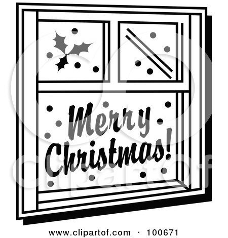 Royalty-Free (RF) Clipart Illustration of a Black And White Window Decorated With Festive Christmas Holly And Greetings by Andy Nortnik