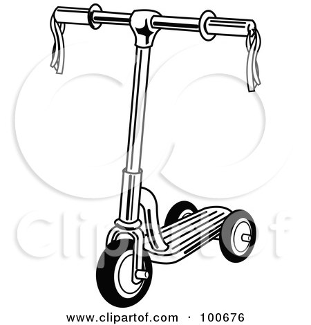 Royalty-Free (RF) Clipart Illustration of a Black And White Child's Scooter With Ribbons On The Handle Bars by Andy Nortnik