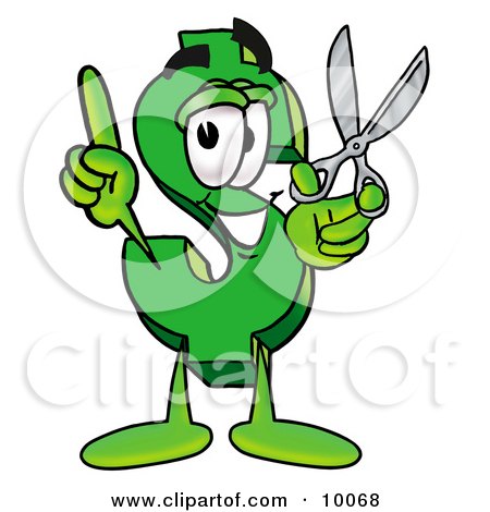 Clipart Picture of a Dollar Sign Mascot Cartoon Character Holding a Pair of Scissors by Mascot Junction