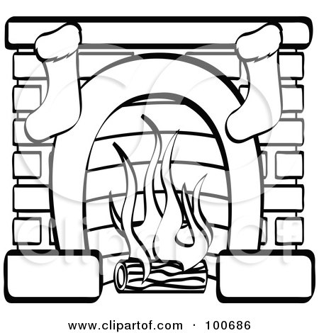 Royalty-Free (RF) Clipart Illustration of a Coloring Page outline Of A Fireplace With Two Christmas Stockings by Andy Nortnik