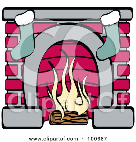 Royalty-Free (RF) Clipart Illustration of a Burning Log In A Fireplace With Two Christmas Stockings by Andy Nortnik