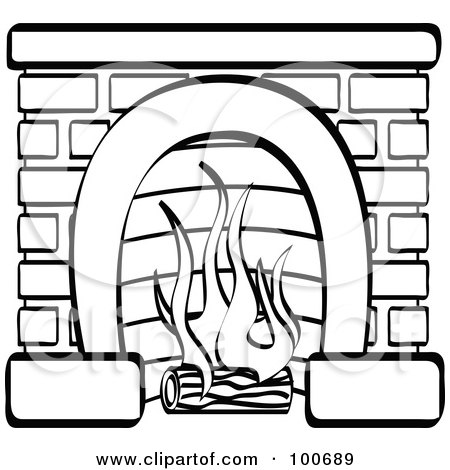 Royalty-Free (RF) Clipart Illustration of a Coloring Page Outline Of A Log Burning In A Brick Fireplace by Andy Nortnik