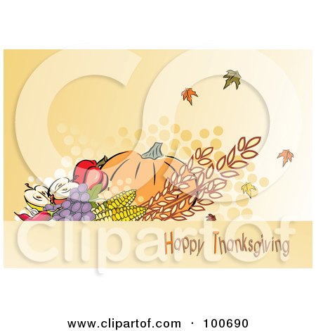 Royalty-Free (RF) Clipart Illustration of a Happy Thanksgiving Greeting With Harvested Produce And Leaves - 3 by MilsiArt