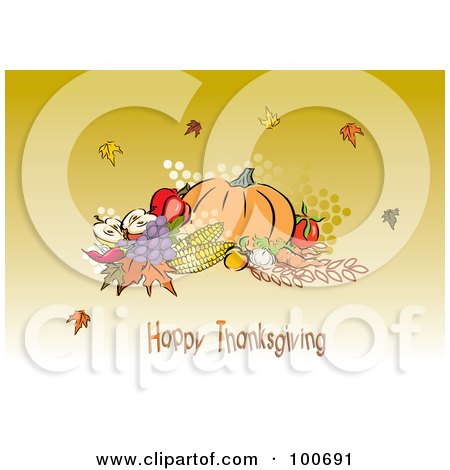 Royalty-Free (RF) Clipart Illustration of a Happy Thanksgiving Greeting With Harvested Produce And Leaves - 4 by MilsiArt