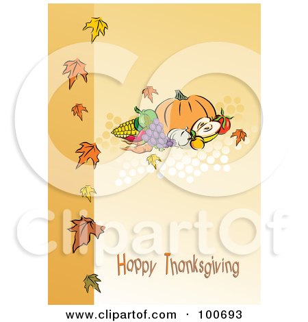 Royalty-Free (RF) Clipart Illustration of a Happy Thanksgiving Greeting With Harvested Produce And Leaves - 1 by MilsiArt