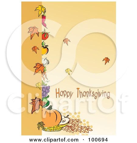 Royalty-Free (RF) Clipart Illustration of a Happy Thanksgiving Greeting With Harvested Produce And Leaves - 2 by MilsiArt