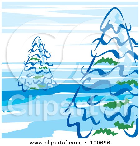 Royalty-Free (RF) Clipart Illustration of Evergreen Trees Against A Blue And White Sky by MilsiArt