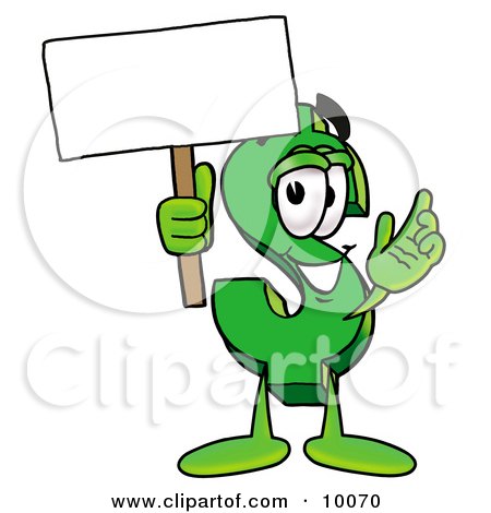 Clipart Picture of a Dollar Sign Mascot Cartoon Character Holding a Blank Sign by Mascot Junction