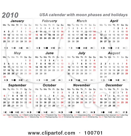 Royalty-Free (RF) Clipart Illustration of a 2010 Usa Calendar Showing The Moon Phases And Holidays by MilsiArt