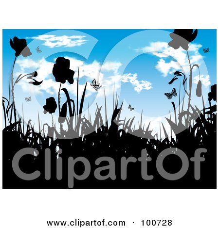 Royalty-Free (RF) Clipart Illustration of a Background Of Black Silhouetted Flowers And Grass Against A Halftone Sky by MilsiArt