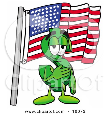 Clipart Picture of a Dollar Sign Mascot Cartoon Character Pledging Allegiance to an American Flag by Mascot Junction