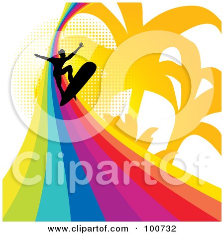 Royalty-Free (RF) Clipart Illustration of a Silhouetted Surfer Surfing A Rainbow Wave, Over A Palm Tree And Halftone Background by MilsiArt
