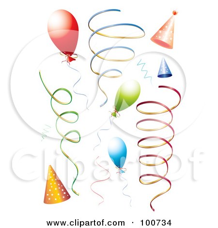 Royalty-Free (RF) Clipart Illustration of a Digital Collage Of Party Balloons, Ribbon Streamers And Party Hats by MilsiArt