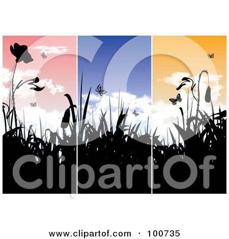 Royalty-Free (RF) Clipart Illustration of a Background Of Three Spring Landscape Banners With Silhouetted Flowers by MilsiArt