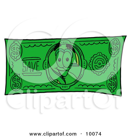 Clipart Picture of a Dollar Sign Mascot Cartoon Character on a Dollar Bill by Mascot Junction