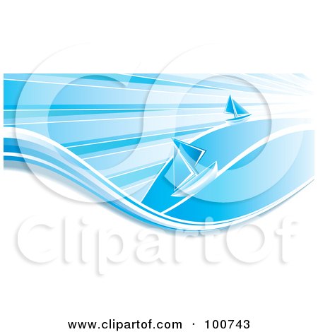 Royalty-Free (RF) Clipart Illustration of Two Blue Sailboats Sailing On White And Blue Waves Under Sun Rays by MilsiArt