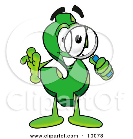 Clipart Picture of a Dollar Sign Mascot Cartoon Character Looking Through a Magnifying Glass by Mascot Junction