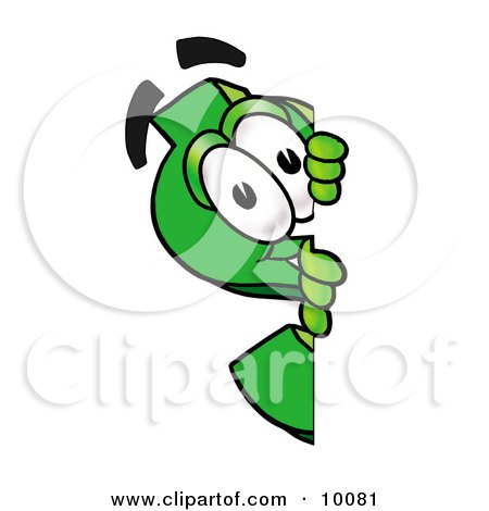 Clipart Picture of a Dollar Sign Mascot Cartoon Character Peeking Around a Corner by Mascot Junction