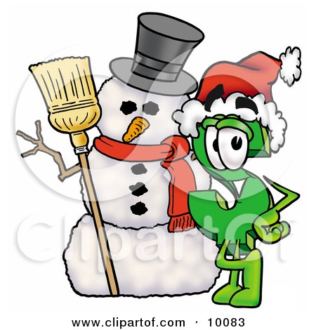 Clipart Picture of a Dollar Sign Mascot Cartoon Character With a Snowman on Christmas by Mascot Junction