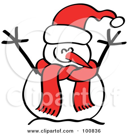 Royalty-Free (RF) Clipart Illustration of a Happy Christmas Snowman In A Red Hat And Scarf by Zooco