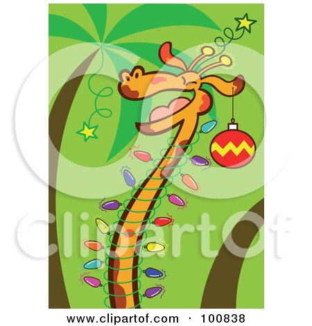 Royalty-Free (RF) Clipart Illustration of a Happy Christmas Giraffe Decorated In Christmas Tree Lights And Ornaments by Zooco