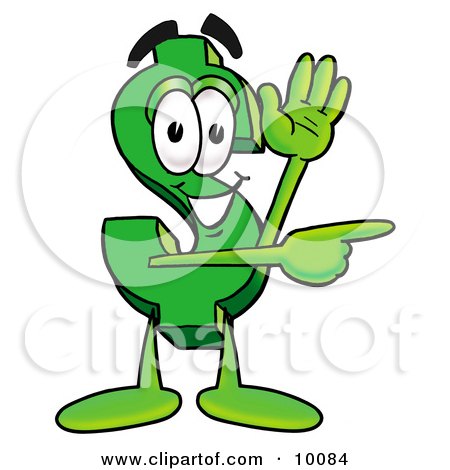 Clipart Picture of a Dollar Sign Mascot Cartoon Character Waving and Pointing by Mascot Junction