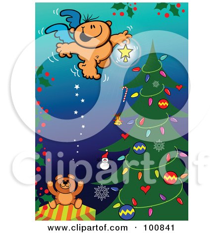 Royalty-Free (RF) Clipart Illustration of a Naked Angel Putting A Star On Top Of A Christmas Tree by Zooco