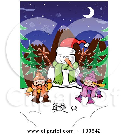 Royalty-Free (RF) Clipart Illustration of Two Children With Snowballs, Waving By A Snowman In The Woods by Zooco