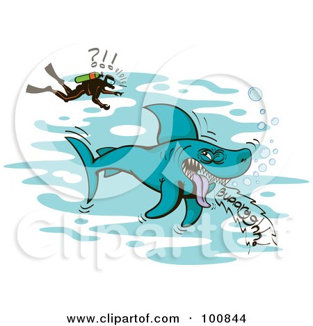 Royalty-Free (RF) Clipart Illustration of a Shocked Scuba Diver Above A Large Burping Shark by Zooco