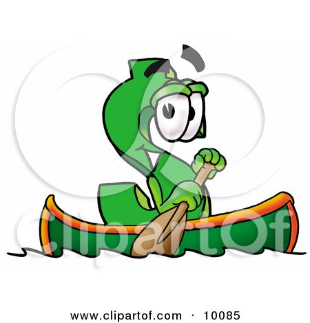 Clipart Picture of a Dollar Sign Mascot Cartoon Character Rowing a Boat by Mascot Junction