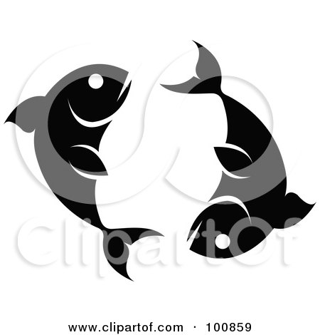 Royalty-Free (RF) Clipart Illustration of a Black And White Pisces Fish Zodiac Icon by cidepix