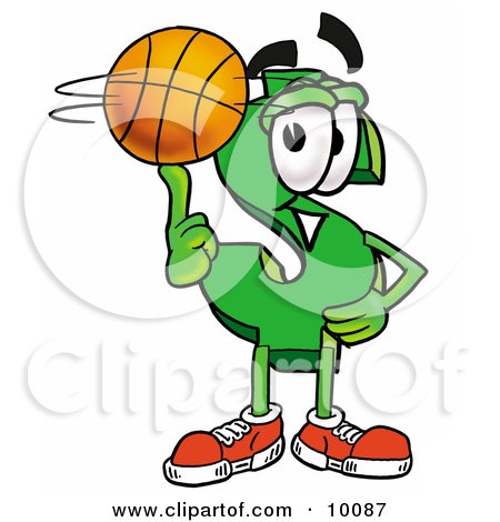 Clipart Picture of a Dollar Sign Mascot Cartoon Character Spinning a Basketball on His Finger by Mascot Junction