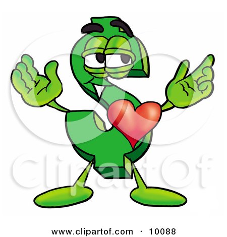 Clipart Picture of a Dollar Sign Mascot Cartoon Character With His Heart Beating Out of His Chest by Mascot Junction