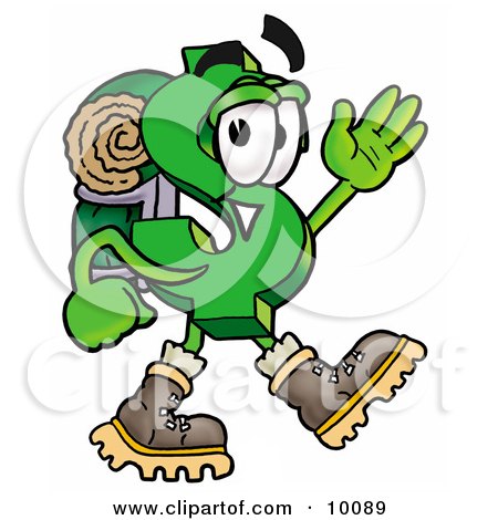 Clipart Picture of a Dollar Sign Mascot Cartoon Character Hiking and Carrying a Backpack by Mascot Junction