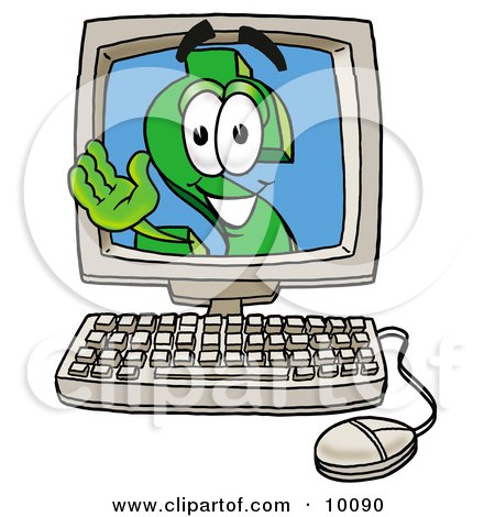 Clipart Picture of a Dollar Sign Mascot Cartoon Character Waving From Inside a Computer Screen by Mascot Junction