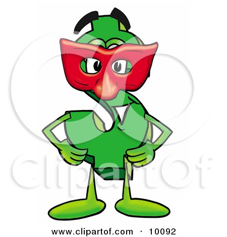 Clipart Picture of a Dollar Sign Mascot Cartoon Character Wearing a Red Mask Over His Face by Mascot Junction