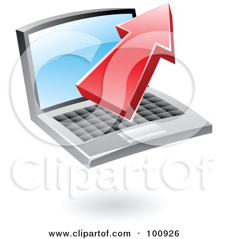 Royalty-Free (RF) Clipart Illustration of a 3d Red Glossy Upload Arrow Over A Laptop Icon by cidepix