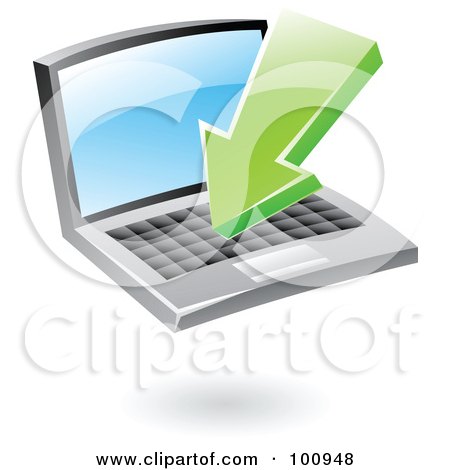 Royalty-Free (RF) Clipart Illustration of a 3d Glossy Green Download Arrow Over A Laptop by cidepix