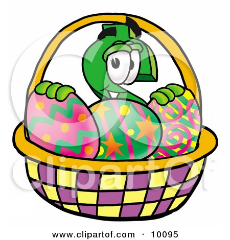 Clipart Picture of a Dollar Sign Mascot Cartoon Character in an Easter Basket Full of Decorated Easter Eggs by Mascot Junction