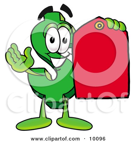 Clipart Picture of a Dollar Sign Mascot Cartoon Character Holding a Red Sales Price Tag by Mascot Junction
